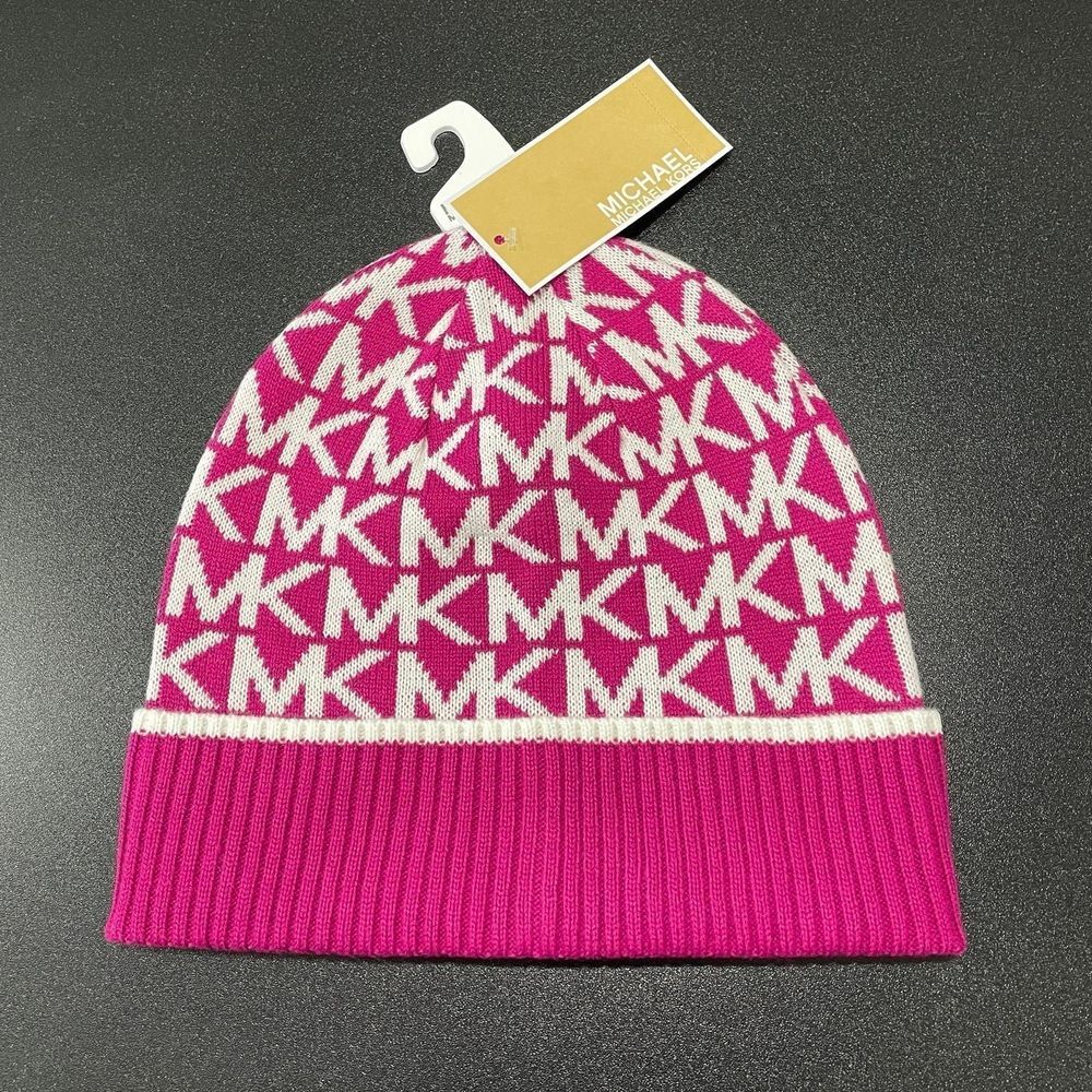 NEW Michael Kors MK Logo Beanie‎ Dark Sangria Pink White Monogram Knit Hat
